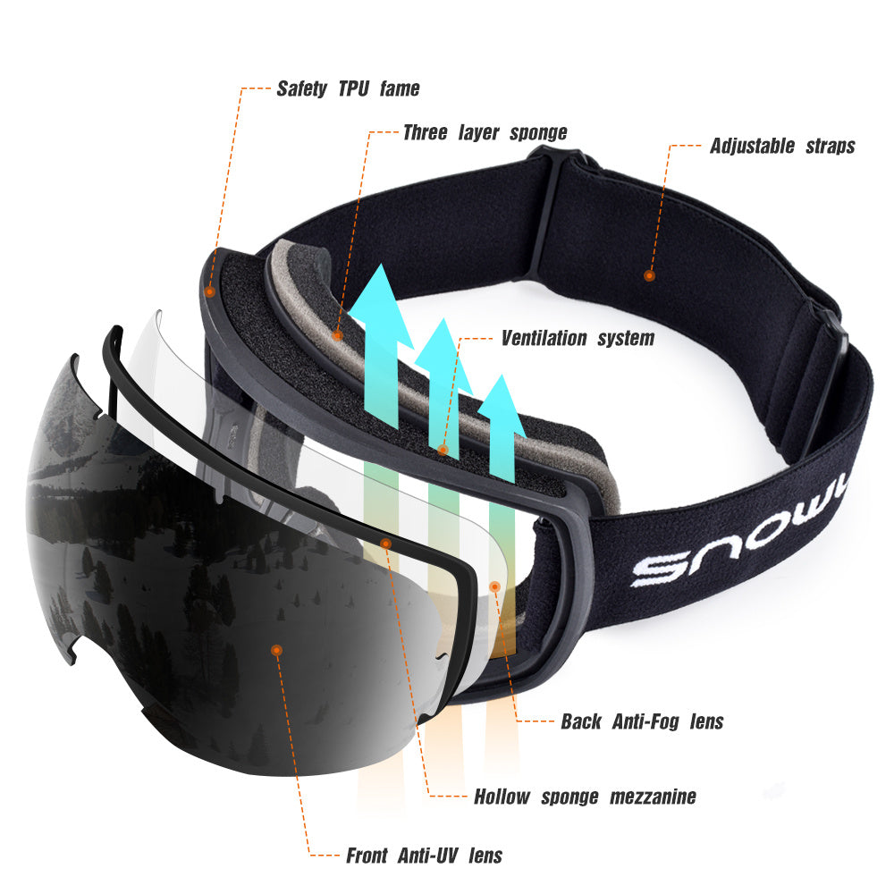 New double-layer anti-fog ski or snowboard goggles, men's or women's