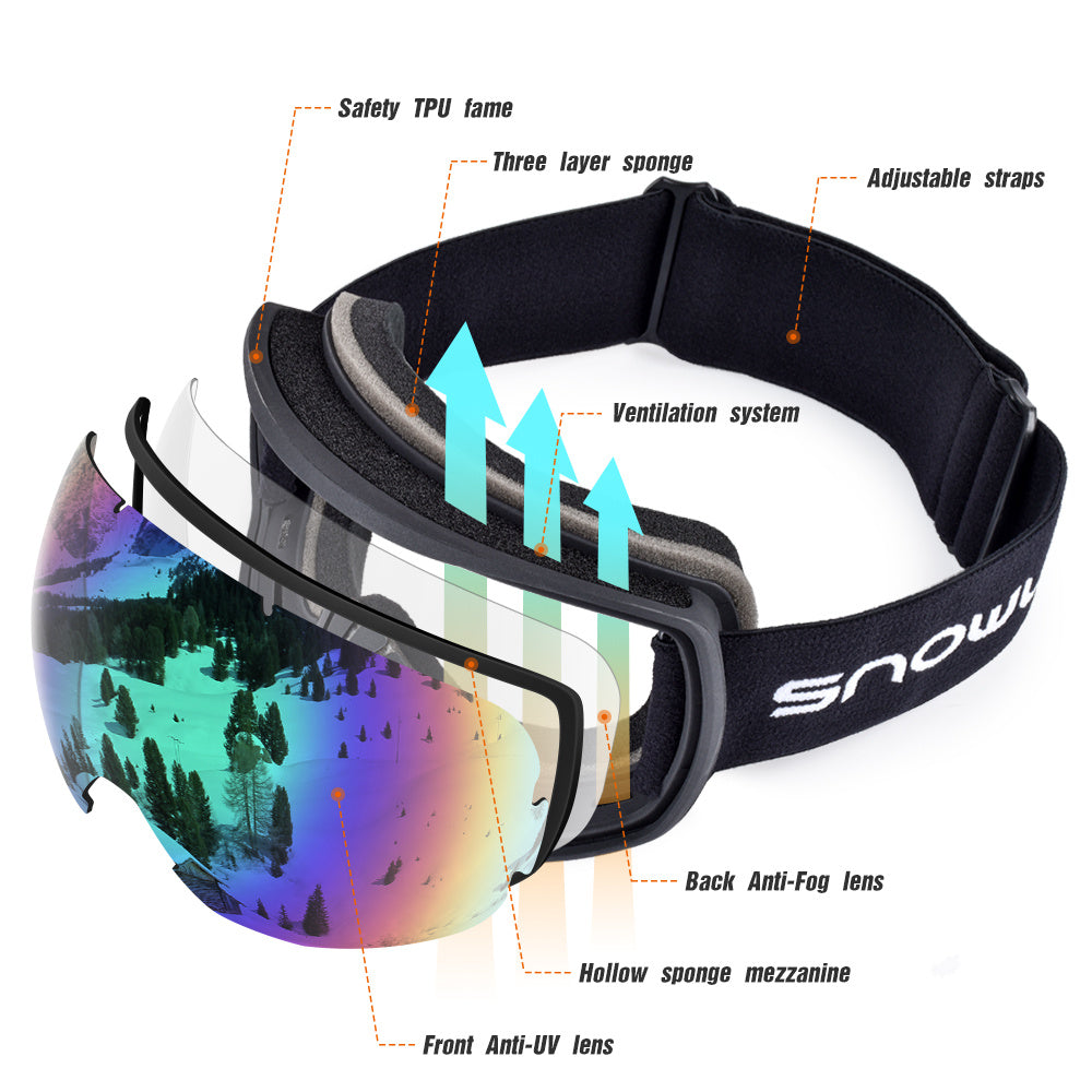 New double-layer anti-fog ski or snowboard goggles, men's or women's