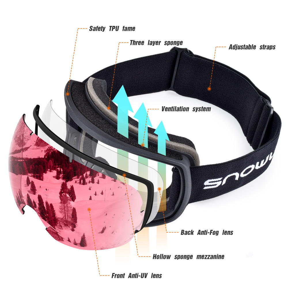 New double-layer anti-fog ski or snowboard goggles, men's or women's